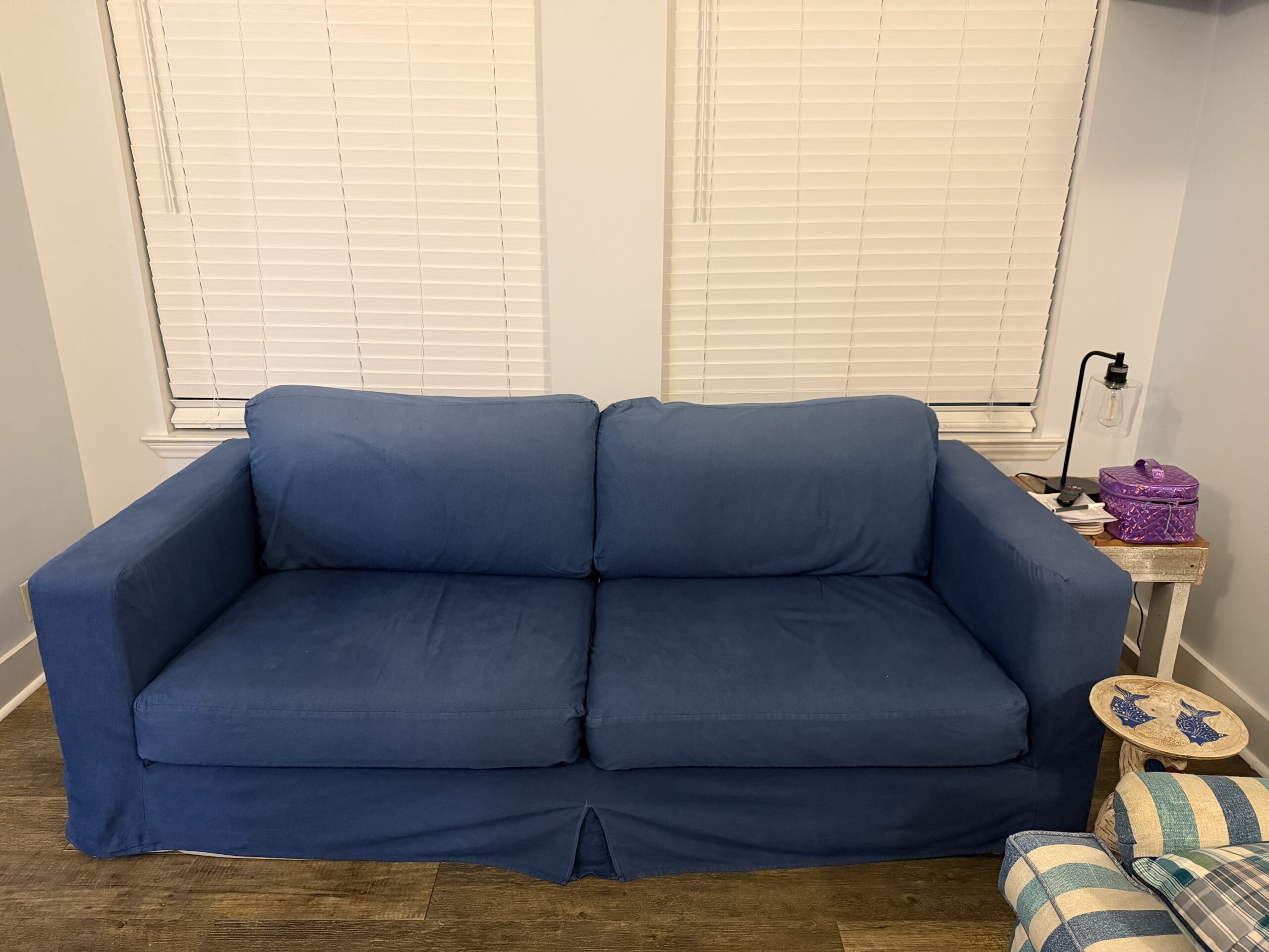 Denim couch slipcover after restoring faded fabric with Rit Denim Blue dye